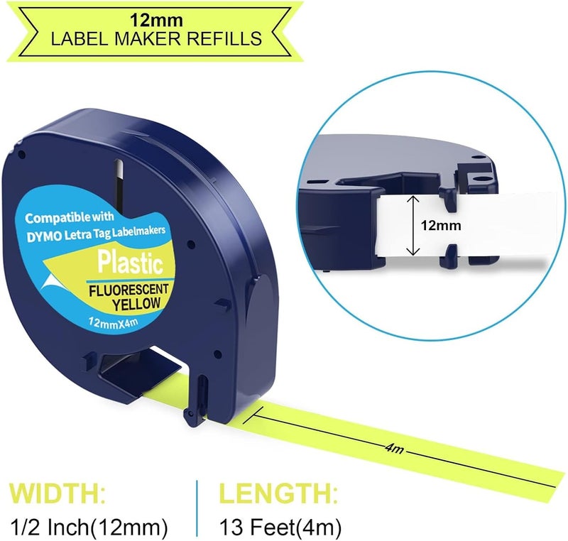 PROFICETIK 5 Pack Compatible with Dymo Letratag Refills Replacement for Dymo Label Maker Refills 12mm x 4m(1/2" x 13') Colored Plastic Label Tape for Letra Tag LT 100H 100T QX50 Handheld Label Maker Tape Refill - Image 3